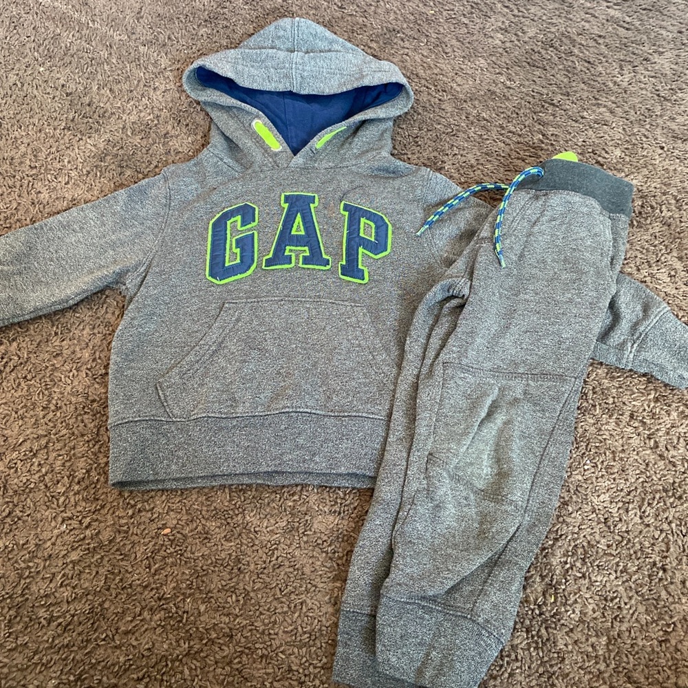Baby Gap sweat suit. Grey, blue and lime green.